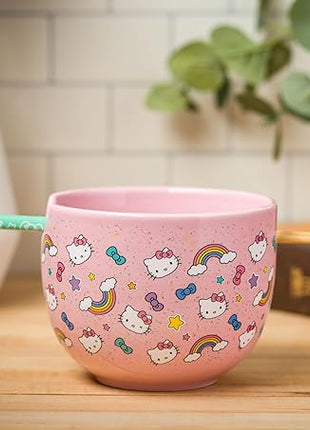 Silver Buffalo Sanrio Hello Kitty Bows Stars Rainbow Pattern Ceramic Ramen Noodle Rice Bowl with Chopsticks, Microwave Safe, 20 Ounces