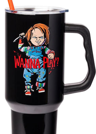 Silver Buffalo Chucky Holding Knife Wanna Play Spooky Scary Stainless Steel Tumbler with Handle and Straw, Fits in Standard Cup Holder, 40 Ounces