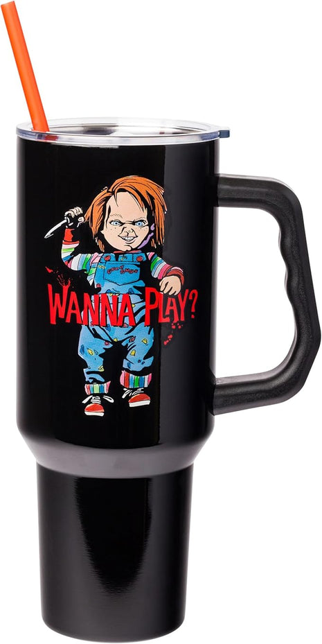 Silver Buffalo Chucky Holding Knife Wanna Play Spooky Scary Stainless Steel Tumbler with Handle and Straw, Fits in Standard Cup Holder, 40 Ounces