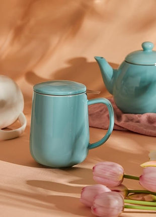 Sweese 20 OZ Porcelain Tea Mug with Infuser and Lid, Loose Leaf Tea Cup, Gifts for Tea Lover - Turquoise