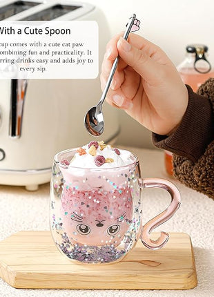 Gifts for Women Cat Gifts Double Walled Glass Coffee Latte Cup Cute Stuff Cat Mug Gifts for Her Christmas Stocking Fillers,Birthday,Valentines,Halloween Presents for Women,Kid,Mum,Teacher