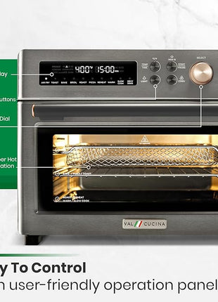 VAL CUCINA Infrared Heating Air Fryer Toaster Oven, Extra Large Countertop Convection Oven 10-in-1 Combo, 6-Slice Toast, Enamel Baking Pan Easy Clean with Recipe Book, Black Matte Stainless Steel