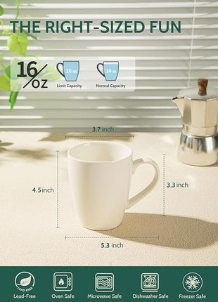 Sweese Porcelain Coffee Mugs - 16 Ounce (Top to the Rim) for Coffee, Latte, Tea, Cocoa, Set of 4, White