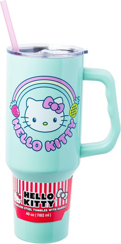Silver Buffalo Sanrio Hello Kitty Kawaii Strawberry, Pineapple, and Rainbows Stainless Steel Tumbler with Handle and Straw, Fits in Standard Cup Holder, 40 Ounces