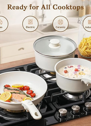 15Pcs Pots and Pans Set Non Stick, Cookware Sets with Detachable Handle, Nonstick RV Kitchen Cooking Tools Removable Handles, Oven Safe, Induction Fast, Stackable Induction Cookware, White