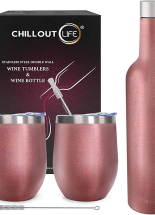 CHILLOUT LIFE 12 oz Stainless Steel Wine Tumblers 2 Pack & 1 Insulated Wine Bottle - Double Wall Vacuum Insulated Wine Glasses Cups with Lids and Straws Set Keeping Cold & Hot Gift Set - Rose Gold