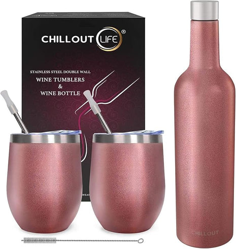 CHILLOUT LIFE 12 oz Stainless Steel Wine Tumblers 2 Pack & 1 Insulated Wine Bottle - Double Wall Vacuum Insulated Wine Glasses Cups with Lids and Straws Set Keeping Cold & Hot Gift Set - Rose Gold