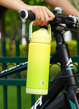 BJPKPK Insulated Water Bottle with Straw Lid, 12oz Thermo Water Bottles, Flex Handle & Non-slip Boot, BPA Free Leak Proof Stainless Steel Metal Thermo, Tumblers, Cups,Fresh Green