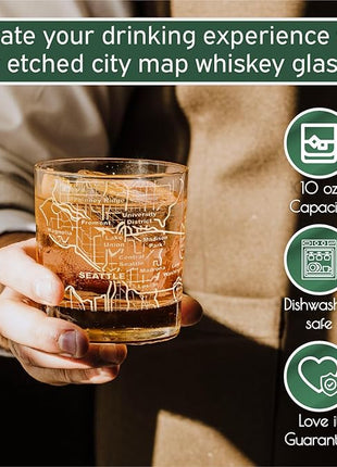 Greenline Goods Whiskey Glasses - 10 Oz Tumbler Set for Seattle lovers, Etched with Seattle Map | Old Fashioned Rocks Glass - Set of 2