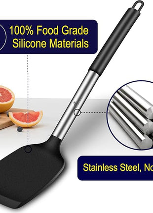 HOTEC Silicone Spatula Set of 2 Heat-Resistant 600°F & BPA-Free Kitchen SaptulaTurner with Stainless Steel Handles, Slotted & Solid Spatulas for Nonstick Cookware, 13.7 Inch, Black
