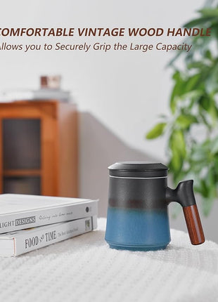ZENS Gradient Blue Tea Cup with Infuser and Lid, 14.5oz Wood Handle Tea Mug, Loose Leaf Tea Steeper & Strainer, Tea Lovers Gifts