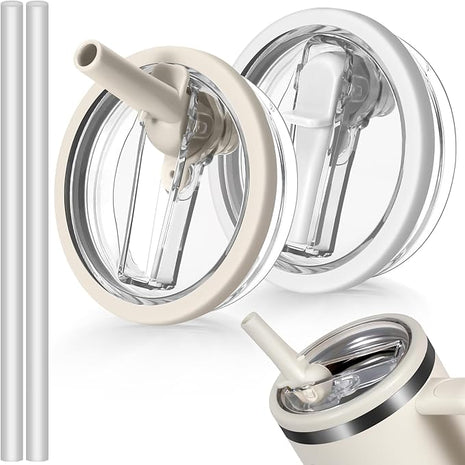 2 Pack Leakproof Lid Replacement 40 oz for Stanley Cup Accessories, Flip Straw Tumbler Leak Proof Lids for Stanley Quencher H2.0, Dust-Proof Straw Cover for stanley cups 40oz (Beige, White)