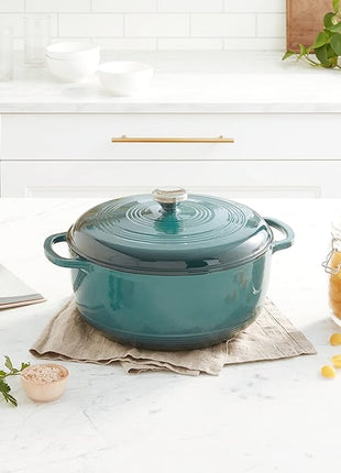 Lodge 7.5 Quart Enameled Cast Iron Dutch Oven with Lid – Dual Handles – Oven Safe up to 500° F or on Stovetop - Use to Marinate, Cook, Bake, Refrigerate and Serve – Lagoon