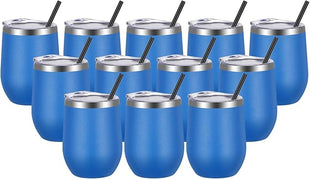 VEGOND Wine Tumblers Bulk 12 Pack, 12oz Stainless Steel Stemless Wine Glass with Lids and Straws, Double Wall Vacuum Insulated Tumbler Cup, Coffee Mug for Cold Hot Drinks