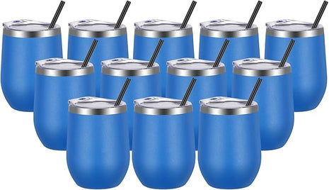 VEGOND Wine Tumblers Bulk 12 Pack, 12oz Stainless Steel Stemless Wine Glass with Lids and Straws, Double Wall Vacuum Insulated Tumbler Cup, Coffee Mug for Cold Hot Drinks