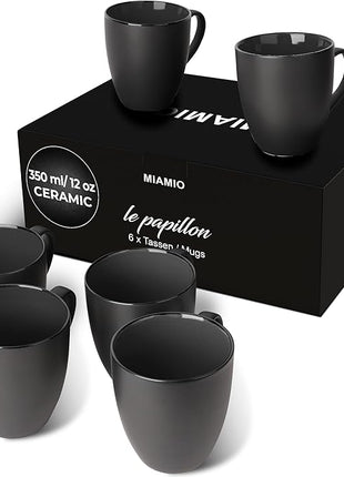 MIAMIO - Set of 6 Stoneware Coffee Mugs 12 Ounce/Cup Set - Le Papillon Collection (Black)