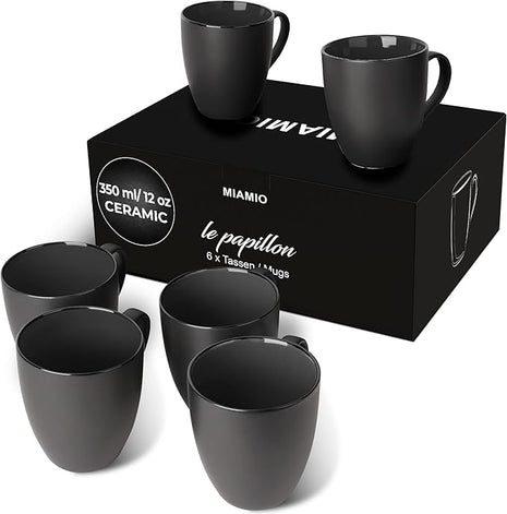 MIAMIO - Set of 6 Stoneware Coffee Mugs 12 Ounce/Cup Set - Le Papillon Collection (Black)
