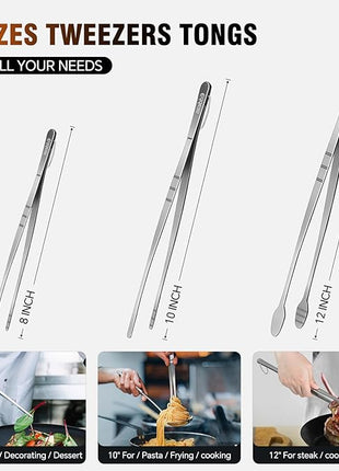 Kitchen Tweezers Tongs, Cooking Tweezers Stainless Steel - 3 Size 12'' 10'' & 8 inch Ideal for Meat, pasta, plating and pinching delicate small pieces of food, Set of 3