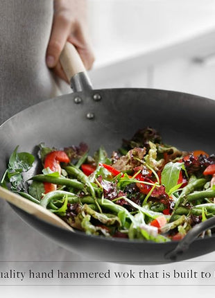 Mammafong Flat Bottom Carbon Steel Wok Pan - Authentic Hand Hammered Woks and Stir Fry Pans - 14" Pow Wok