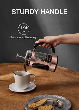 BAYKA 21 Ounce 0.6 Liter French Press Coffee Tea Maker Small, Heat Resistant Thickened Borosilicate Glass Stainless Steel Single Serve Brewer, Cold Brew Cafetera Teapot, Copper