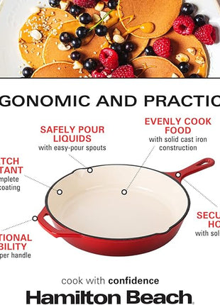 Hamilton Beach Enameled Cast Iron Fry Pan 12-Inch Red, Cream Enamel Coating, Skillet Pan for Stove Top and Oven