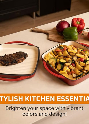 Bruntmor 2-in-1 Square Enameled Cast Iron Dutch Oven Baking Pan and Gridle Lid with Dual Handles, Cast Iron Skillet lid, Coating Gridle for Baking, Bacon,Steaks - Red