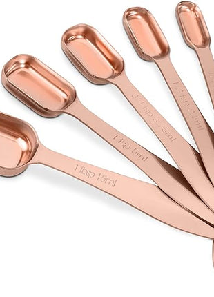 Accurate 18/8 Stainless Steel Measuring Spoons, Heavy Duty Good Handle Set of 6 Measuring Spoon with Ring Connector, Rose Gold