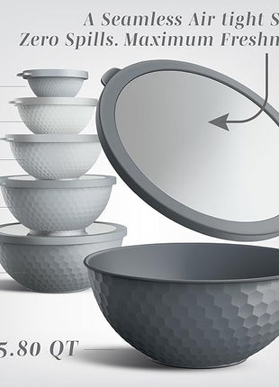 COOK WITH COLOR Mixing Bowls with Lids - 12 Piece Plastic Nesting Bowls Set includes 6 Prep Bowls and 6 Lids, Non Slip Bottom and Embossed Design - Microwave Safe (Grey)