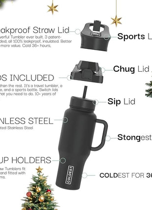 Coldest Tumbler with Handle and Straw, 100% Leak Proof Insulated Tumbler with Lid and Straw (3 Lids), Stainless Steel Tumblers for Women & Men, Cup Holder Friendly Base, 36 oz (Bats and Cats)