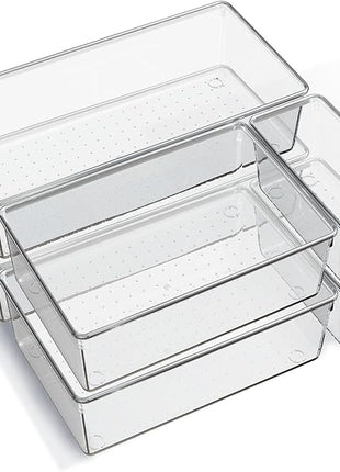 6 Pack Large Clear Plastic Drawer Organizer Trays, Acrylic Kitchen Drawer Organization and Storage Dividers, Non-Slip Storage Bins for Makeup, Kitchen Utensils, Bathroom, Jewelries and Office Desk