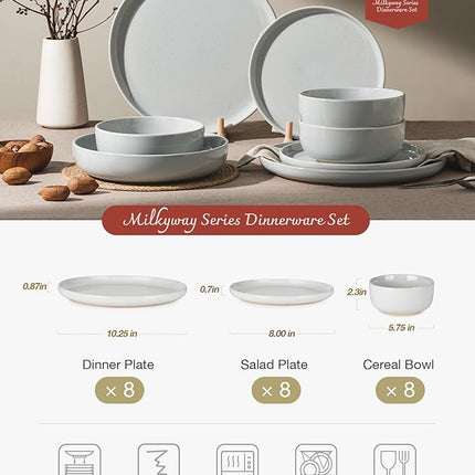 Famiware Milkyway Dinnerware Sets, 24 Piece Dish Set, Plates and Bowls Sets for 8, Light Gray