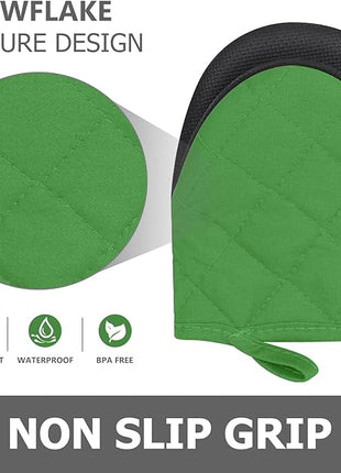 1 Pair Short Oven Mitts - Silicone Kitchen Oven Gloves High Heat Resistant 500℉, Mini Oven Mits with Non-Slip Grip Surfaces and Hanging Loop for BBQ, Baking, Cooking and Grilling (Green)