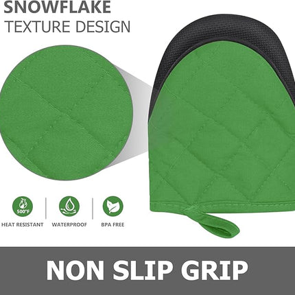 1 Pair Short Oven Mitts - Silicone Kitchen Oven Gloves High Heat Resistant 500℉, Mini Oven Mits with Non-Slip Grip Surfaces and Hanging Loop for BBQ, Baking, Cooking and Grilling (Green)