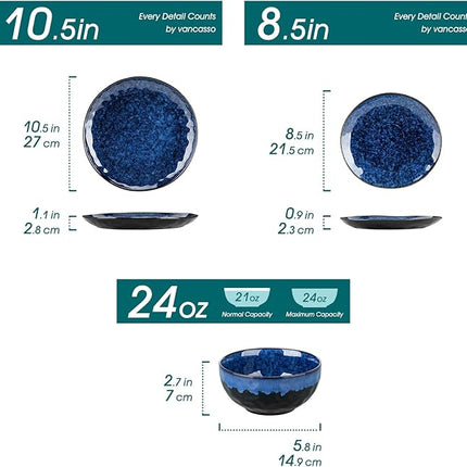 vancasso Starry Dinnerware Set for 4, Handmade Reactive Glaze Stoneware 12 Pieces Plates and Bowls Sets, Dishwasher and Microwave Safe Dish Set, Blue