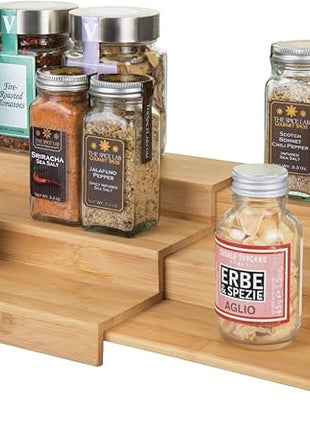 mDesign Bamboo Adjustable, Expandable Spice Rack Organizer with 3 Levels Storage for Kitchen Cabinet, Countertop, Pantry Shelf - Holds Spice Jars - Echo Collection - Natural