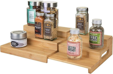 mDesign Bamboo Adjustable, Expandable Spice Rack Organizer with 3 Levels Storage for Kitchen Cabinet, Countertop, Pantry Shelf - Holds Spice Jars - Echo Collection - Natural