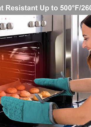 KEGOUU Oven Mitts and Pot Holders 6pcs Set, Kitchen Oven Glove High Heat Resistant 500 Degree Extra Long Oven Mitts and Potholder with Non-Slip Silicone Surface for Cooking (Lake Blue)