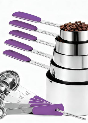 Measuring Cups and Spoons Set Stainless Steel 10 Piece for Cooking and Baking (5 Cups + 5 Spoons, Purple Handle)