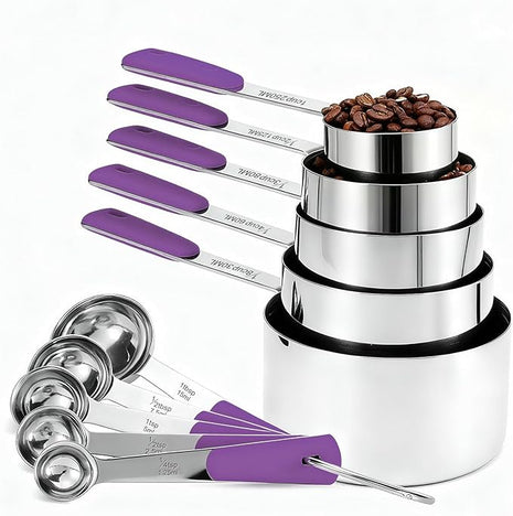 Measuring Cups and Spoons Set Stainless Steel 10 Piece for Cooking and Baking (5 Cups + 5 Spoons, Purple Handle)