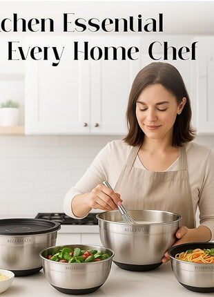 Bellemain Mixing Bowls with Lids Set - Stainless Steel Mixing Bowls with Airtight Lids - Food Storage Containers - 3PCS Set with Non-Slip Bottoms Kitchen Essentials for Baking - Serving