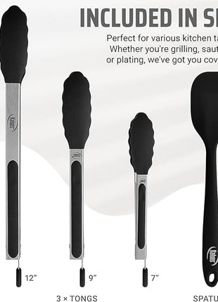 Kaluns Kitchen Tongs for Cooking Grilling Set of 4, BBQ Grill Tongs With Silicone Tip Stainless Steel Heat Resistant, Non-stick Pull Lock, Incl 7, 9, 12 Inch Tong Plus a Silicone Spatula
