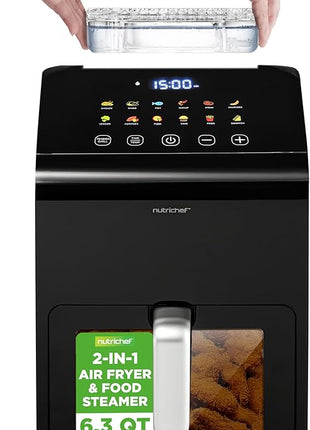 Nutrichef Electric Air Fryer Tenderizer 6.3 Quart | 12-1 Preset Cooking Functions | Includes Tenderizing Function | Digital Display | Transparent Window For Best Cooking Results | Black