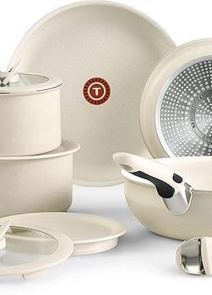T-fal Ingenio Essentials Cookware Set with Detachable/Removable Handle 11 Piece, Granite Titanium Non Stick, Induction, Oven Broiler Safe 500F, Stackable, Pots and Pans Set, RV Camping, Fry Pans Beige
