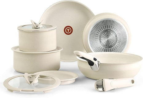 T-fal Ingenio Essentials Cookware Set with Detachable/Removable Handle 11 Piece, Granite Titanium Non Stick, Induction, Oven Broiler Safe 500F, Stackable, Pots and Pans Set, RV Camping, Fry Pans Beige
