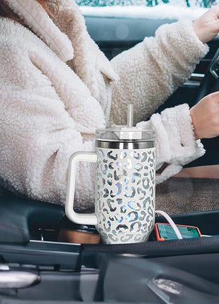 40 oz Tumbler with Handle and Straw, 100% Leak-Proof Travel Mug, Stainless Steel Double Wall Vacuum Insulated Coffee Cup Keeps Cold For 34 Hours, Dishwasher Safe, White Leopard