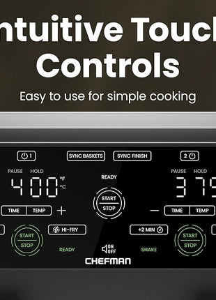 CHEFMAN 6 Quart Dual Basket Air Fryer Oven with Easy View Windows, Sync Finish, Hi-Fry, Auto Shutoff, 2 Independent 3Qt Nonstick Dishwasher Safe Frying Baskets, Digital Double Air Fryer - Black