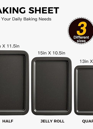 HONGBAKE Ceramic Baking Sheet Pan Set, Cookie Sheet for Oven, Bakeware Sets with Wider Grips, 3 Pack Half/Jelly Roll/Quarter Baking Tray, Premium, Dishwasher Safe - Dark Grey