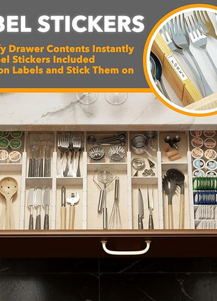SpaceAid Bamboo Drawer Dividers with Inserts and Labels, Kitchen Adjustable Drawer Organizers, Expandable Organization for Home, Office, Dressers, 10 Dividers with 24 Inserts (17"-22" White)