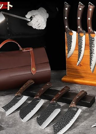 Serbian Chef Knife Set, Hand Forged Butcher Knife Set with Knife Bag, High Carbon Steel Kitchen Knives Set Meat Cleaver Boning Knife Viking Knives for Brisket Trimming, Gifts for Dad