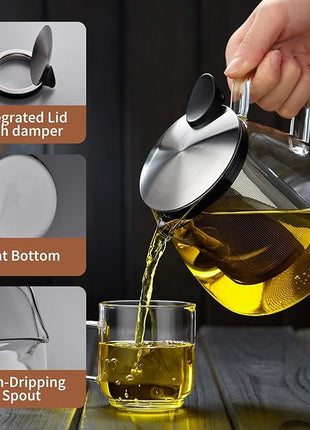 Glass Teapot Tea Pot with Removable Stainless Steel Infuser, 25oz / 760ml Borosilicate Glass Tea Kettle for Office Work, Fine Strainer for Loose Leaf Tea